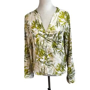 100% Linen Women’s Large Green Leaf Print Button Down V-neck Long Sleeve Top New